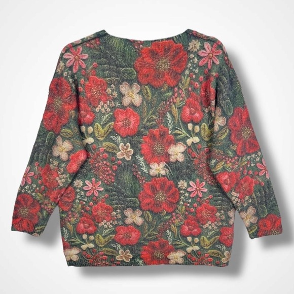 Floral Sweater Womens XL Green‎ Red Allover Print Pullover Crewneck Long Sleeve - Picture 3 of 8